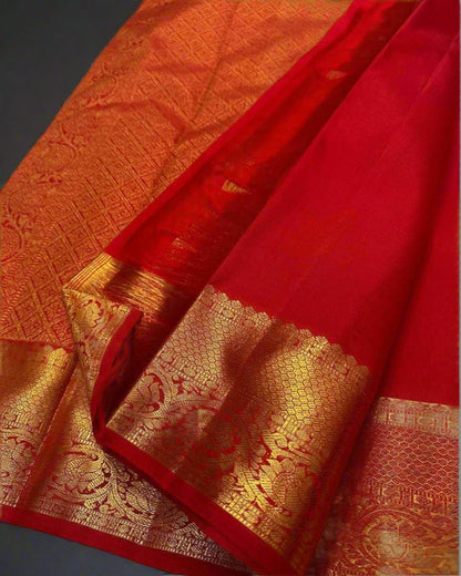 Red Banarasi Jari Silken Saree with Intricate Golden Zari – Timeless Bridal & Festive Elegance