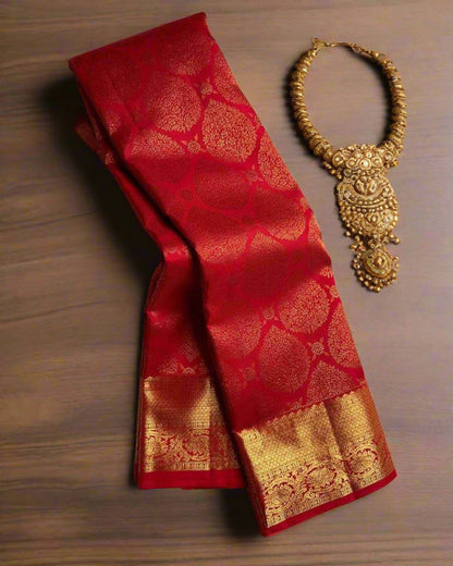 Red Banarasi Jari Silken Saree with Intricate Golden Zari – Timeless Bridal & Festive Elegance