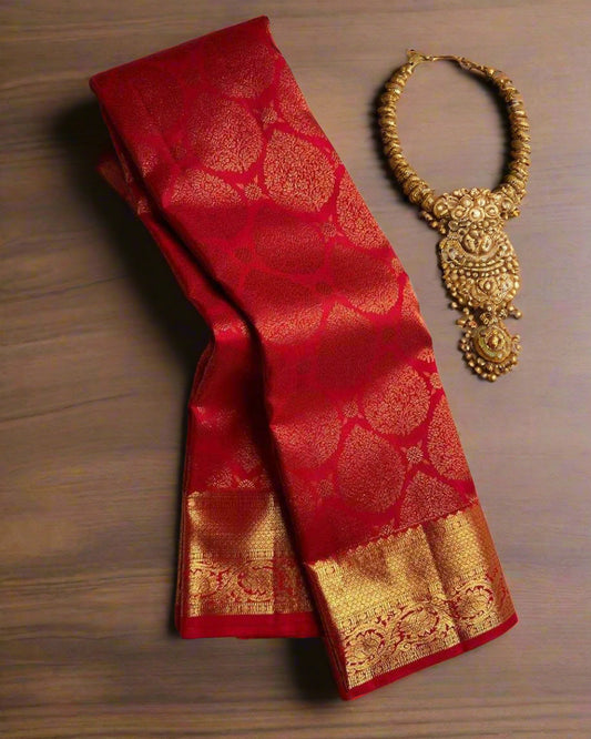 Red Banarasi Jari Silken Saree with Intricate Golden Zari – Timeless Bridal & Festive Elegance