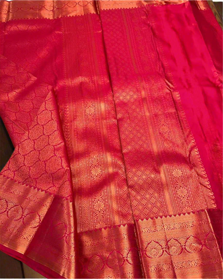 Radiant Pink Banarasi Jari Silken Saree with Self Zari Weave – Graceful Bridal & Festive Attire