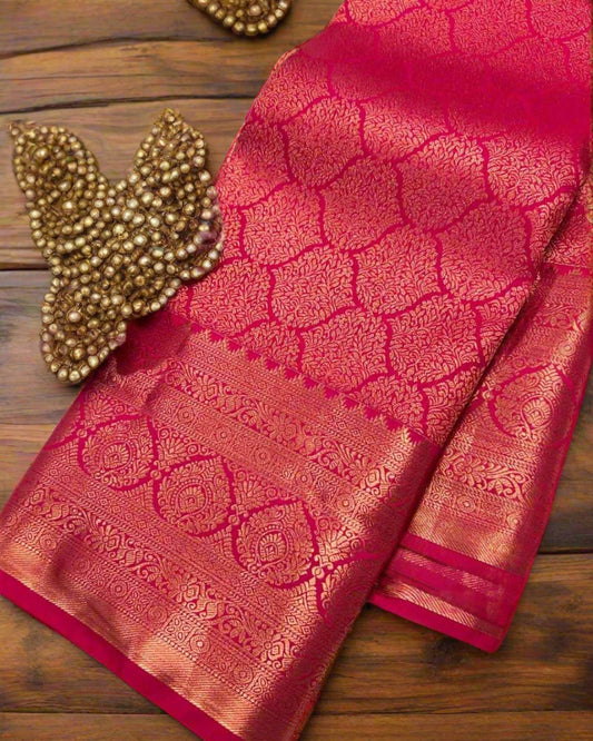 Radiant Pink Banarasi Jari Silken Saree with Self Zari Weave – Graceful Bridal & Festive Attire