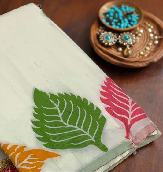 White Jari Silken Saree with Multicolor Leaf Motifs