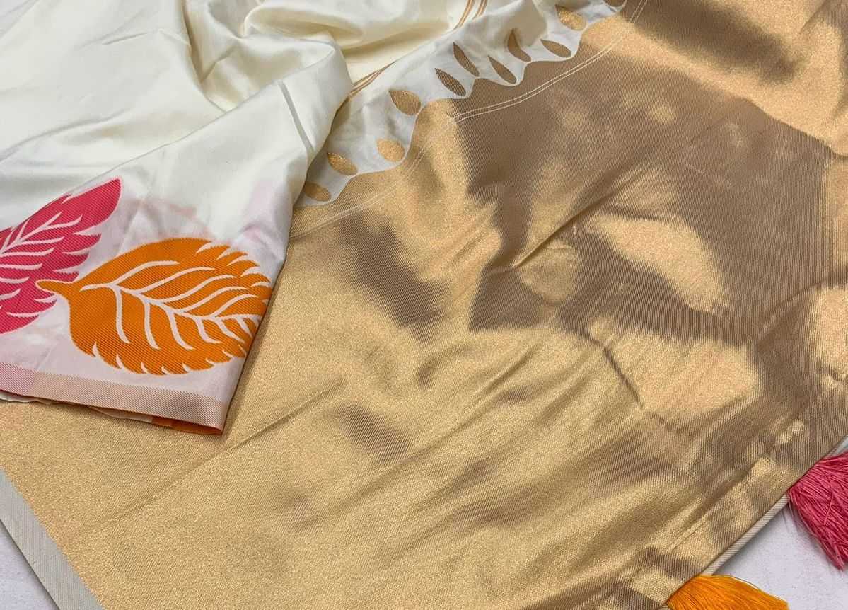 White Jari Silken Saree with Multicolor Leaf Motifs