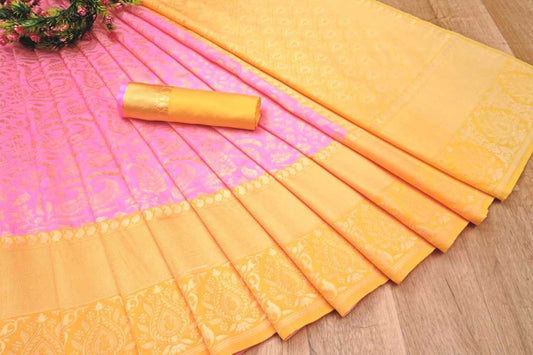 Vibrant Pink and Mustard Yellow Banarasi Jari Silken Saree – Festive Elegance for Every Occasion