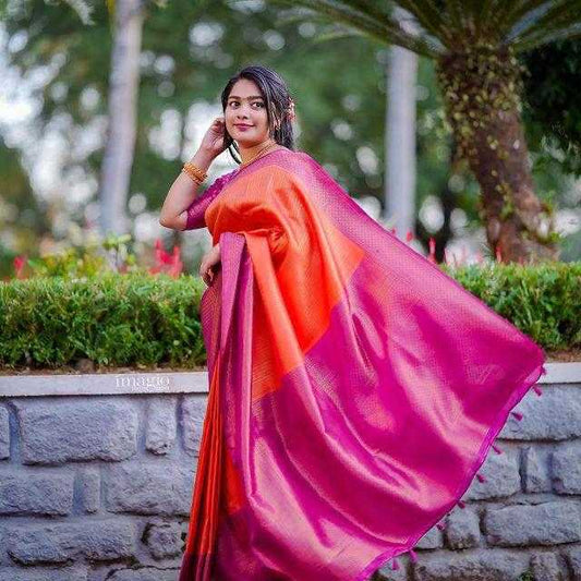 Orange Stripes & Pink Banarasi Jari Silken Saree – Traditional Grandeur Meets Modern Elegance