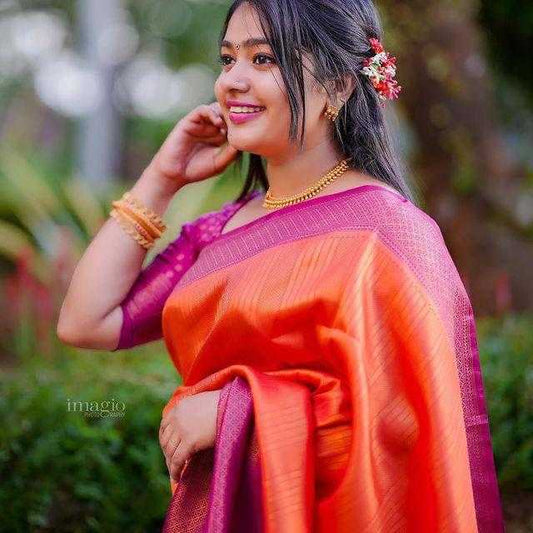 Orange Stripes & Pink Banarasi Jari Silken Saree – Traditional Grandeur Meets Modern Elegance