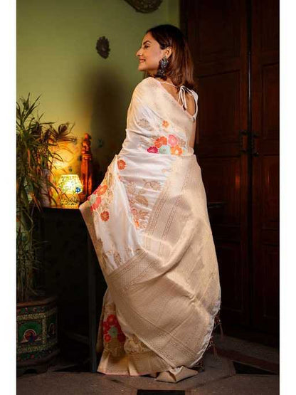 Ivory White Soft Jari Silken Saree with Vibrant Floral Weaves and Golden Zari Border