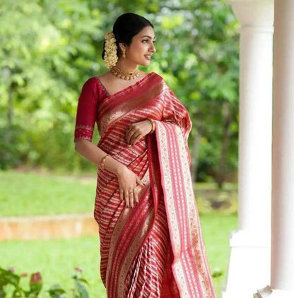 Red & Gold  striped Banarasi Jari Silken Saree with Traditional Zari Detailing – Perfect for Bridal and Festive Wear
