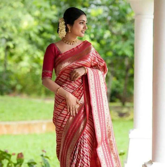 Red & Gold  striped Banarasi Jari Silken Saree with Traditional Zari Detailing – Perfect for Bridal and Festive Wear
