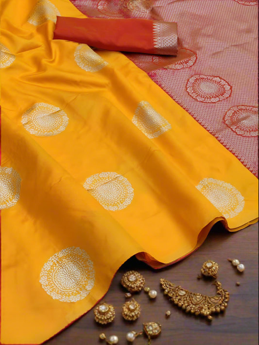 Mustard Yellow Banarasi  Jari Silken Saree with Orange Pallu & Silver Zari Buttas | Bridal & Festive Wear