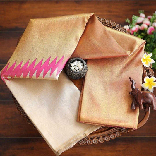 Peach Cream & Hot Pink Kanjivaram Jari Silken Saree with Golden Zari – Modern Festive Elegance
