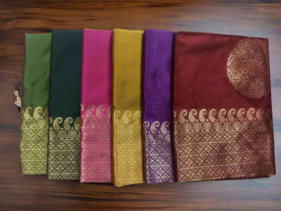 Elegant Banarasi Silk Sarees with Rich Pallu & All-Over Jacquard Work – Available in Maroon, Pink, Yellow, Dark Green, Olive Green & Purple