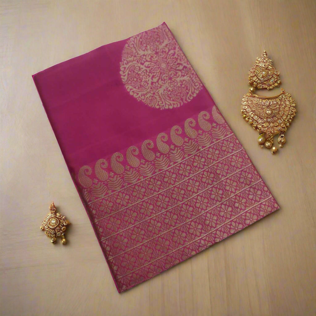 Elegant Banarasi Silk Sarees with Rich Pallu & All-Over Jacquard Work – Available in Maroon, Pink, Yellow, Dark Green, Olive Green & Purple